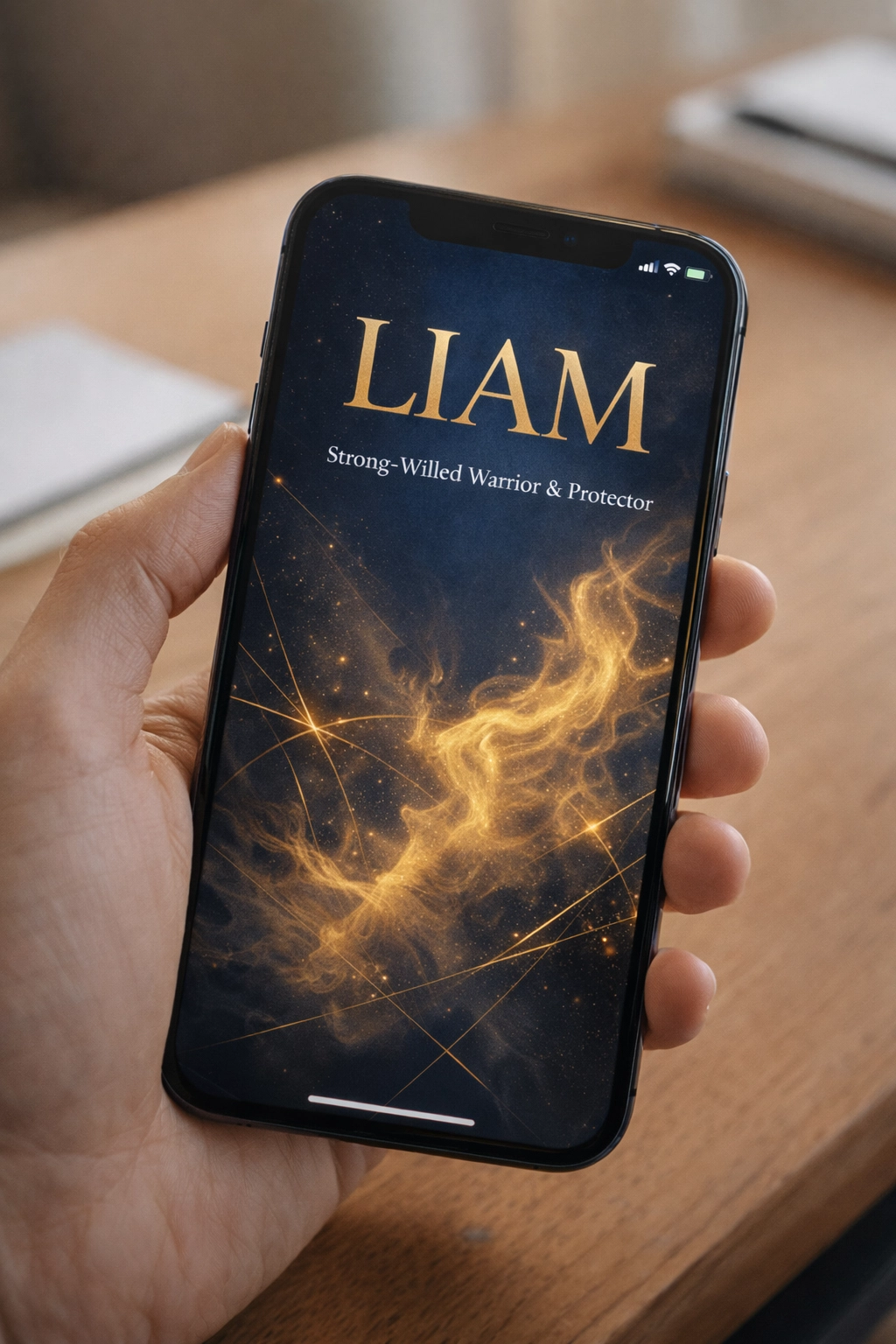 Hand holding a phone with a name and description on the screen, set against a wooden surface.